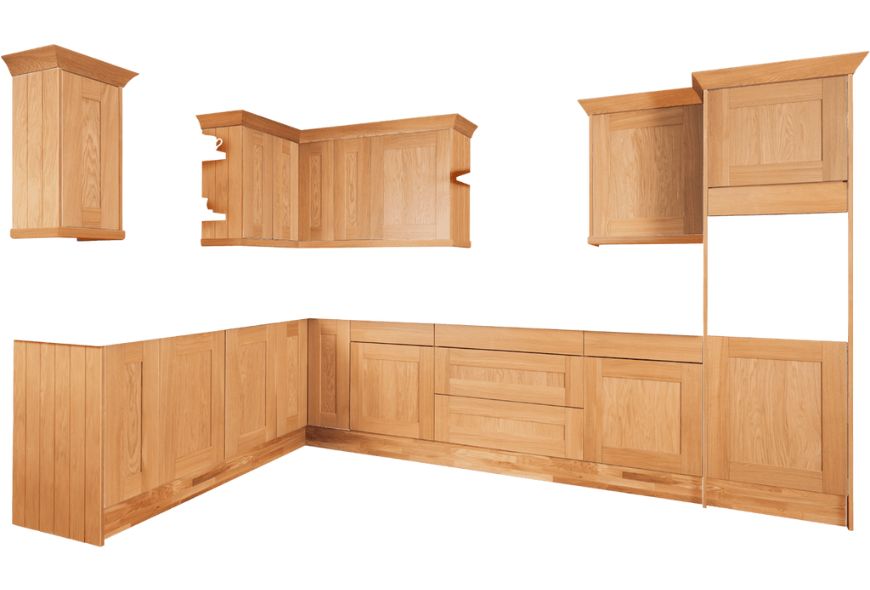 A collection of wooden kitchen cabinets in a warm oak finish, arranged in various configurations, including upper and lower units.