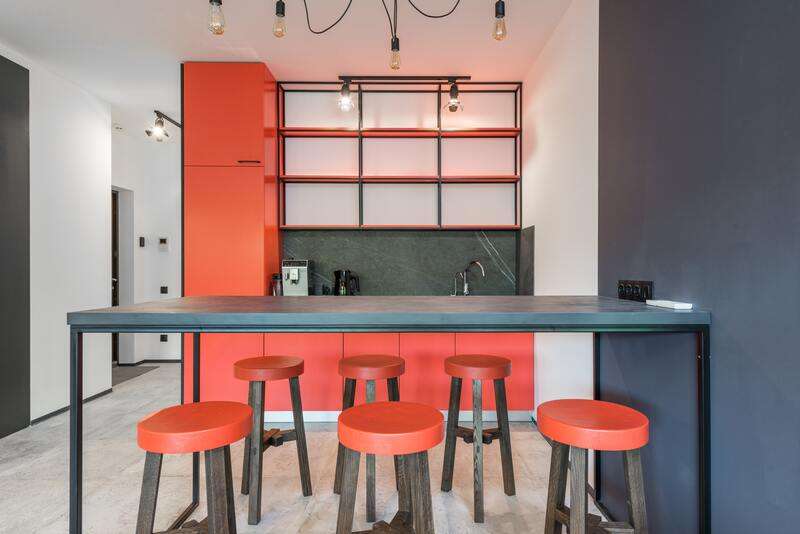 Grey And Red Combo Modular Kitchen