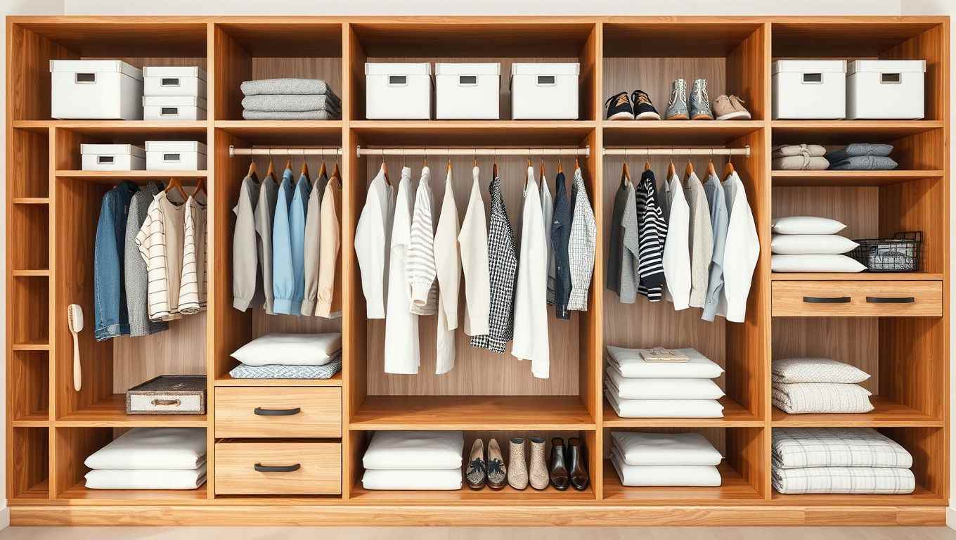 Organized modular wardrobe showcasing folded linens, hanging clothes, and labeled boxes, ideal for maintaining a modular wardrobe efficiently.