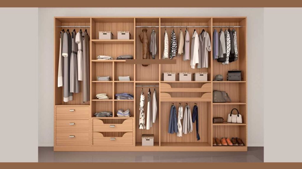 10 tips for maintaining a modular wardrobe 1 Modular wooden wardrobe with drawers, hanging sections, folded clothes, and accessories, designed for efficiently maintaining a modular wardrobe.