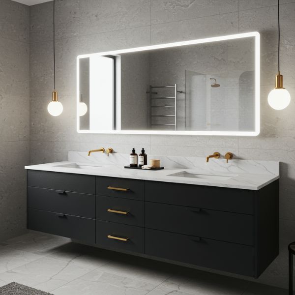 Luxury dual-sink vanity with backlit mirror and gold fixtures.
