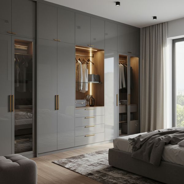 Luxury grey modular wardrobe with led lighting in a modern bedroom.